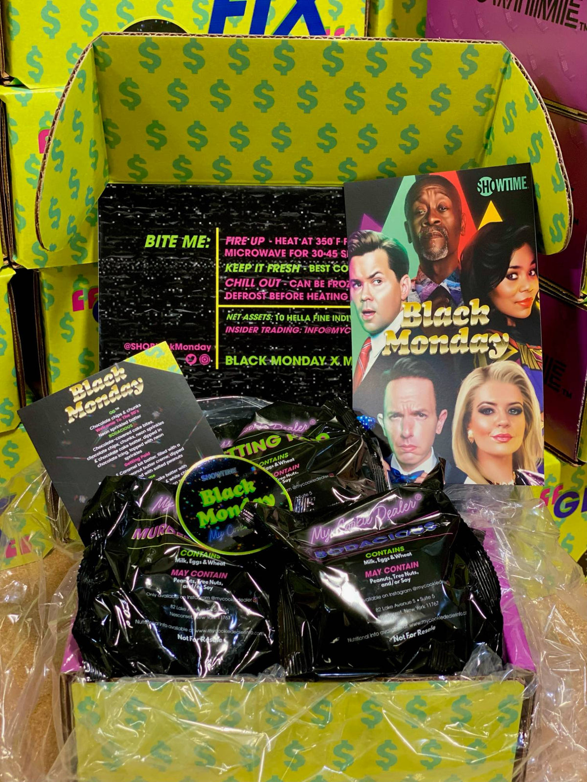 Open corporate gift box with My Cookie Dealer cookies and a custom Black Monday insert card