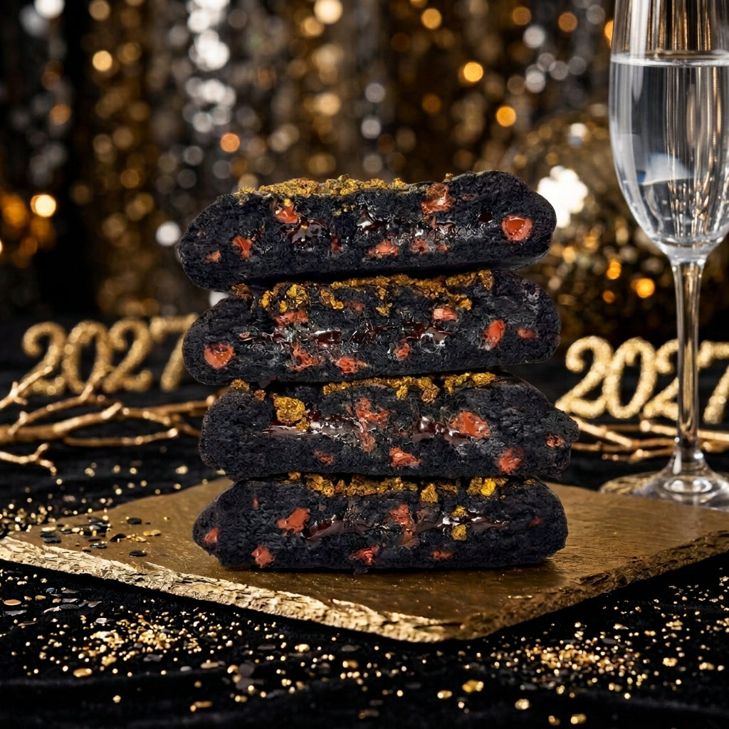 Midnight Kiss cookies stacked, black cocoa with chocolate chunks and gold dust