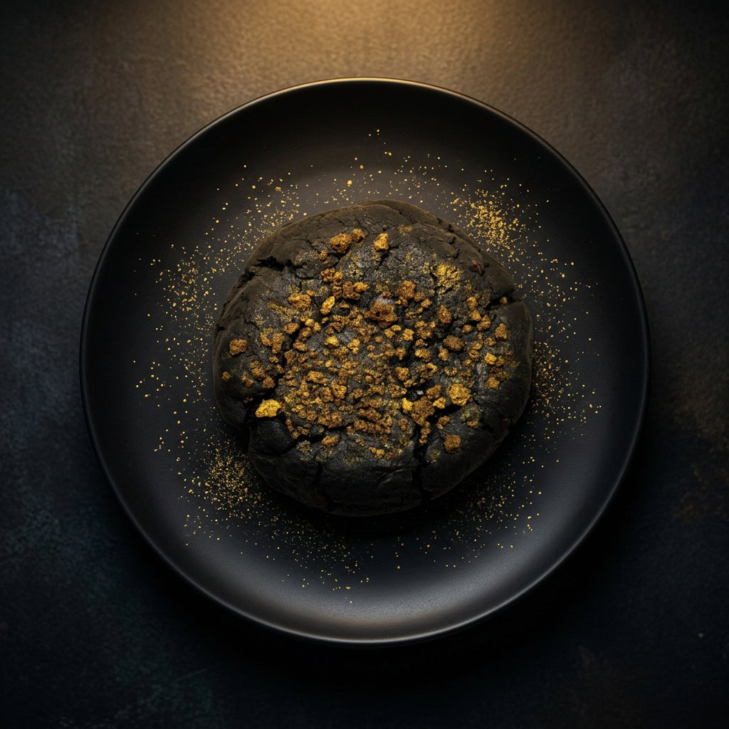 Midnight Kiss cookie topped with edible gold dust, top view